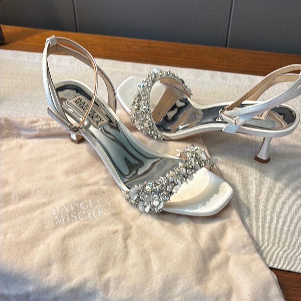 Badgley Mischka White Satin Heels with Crystal Embellishments